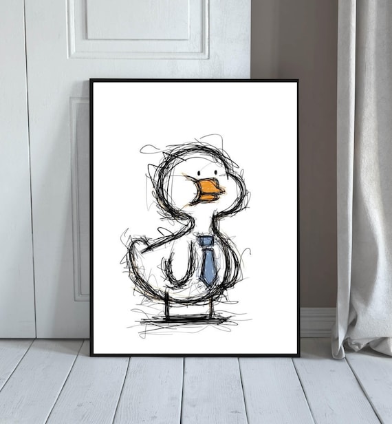 Duck Wearing Tie Wall Art Funny Sketch Print Minimalist Bird Poster Cute Office Decor Nursery