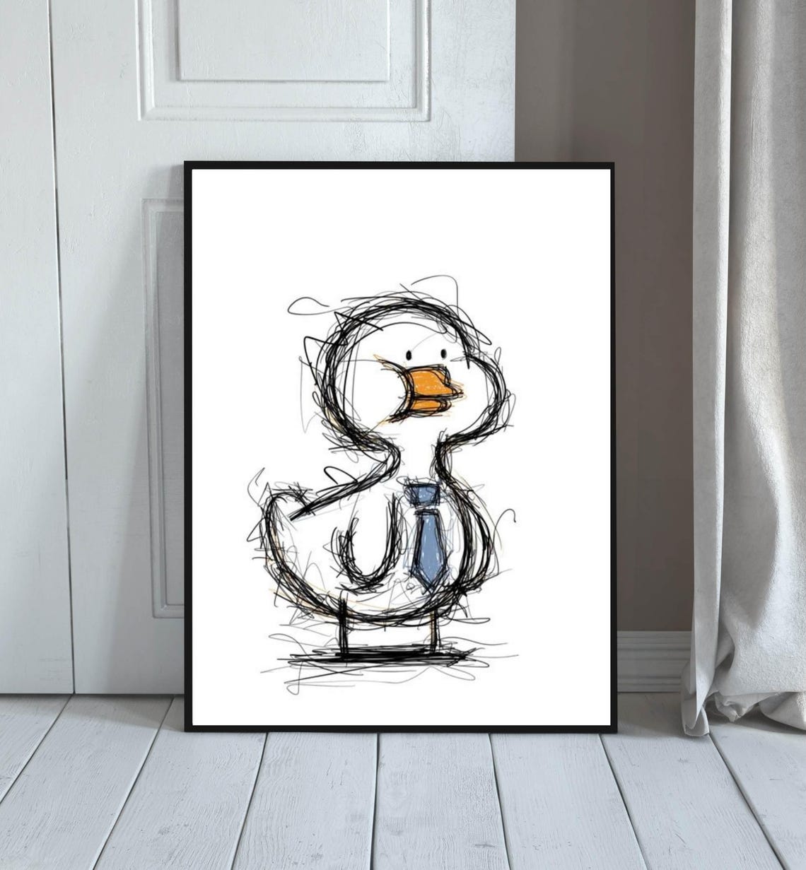 Funny Duck Wearing A Blue Tie Minimalist Hand Drawn Sketch Poster