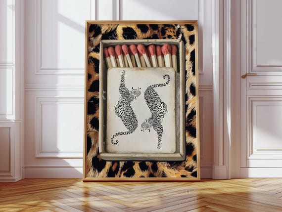 Retro Leopard Matchbox Art Print Vintage Playing Card Decor