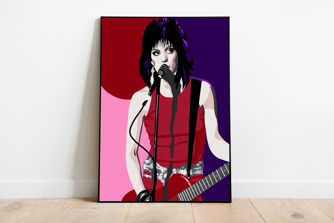 Joan Jett Rockstar With Guitar and Microphone Pop Art Portrait Poster