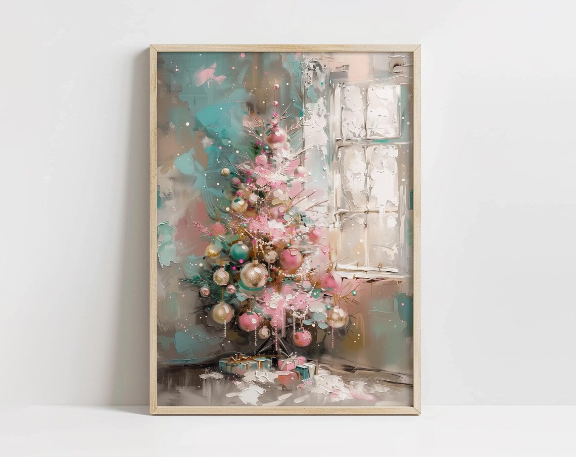 Pink Christmas Tree Art Print, Pastel Holiday Decor