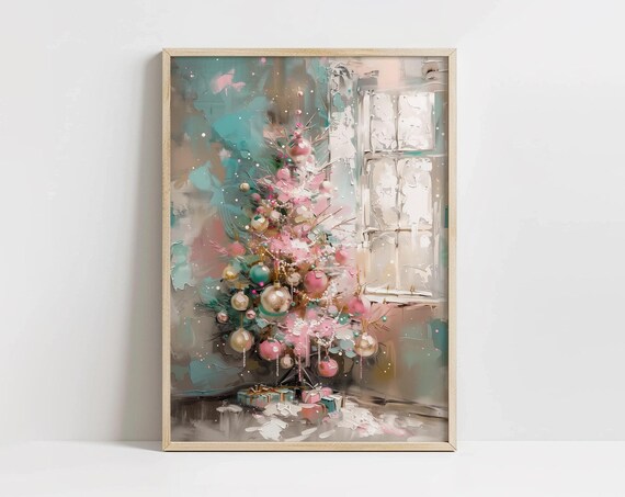 Pink Christmas Tree Art Print, Pastel Holiday Decor