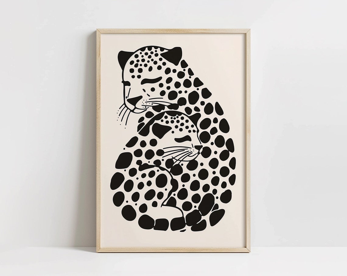 Sleeping Leopard Curled in Yin Yang Minimalist Black Art Poster
