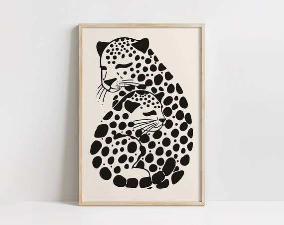 Cute Leopard Art Print Nursery Wall Decor Love Cats Cheetah Jungle Instant Dorm Room Black And White
