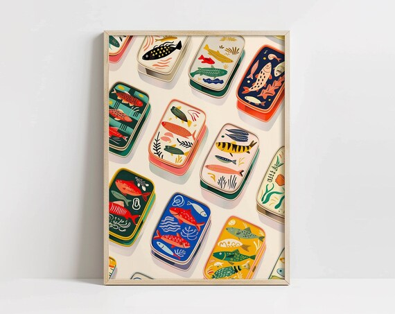 Colorful Sardine Fish Cans Pattern Fun Retro Kitchen Wall Poster