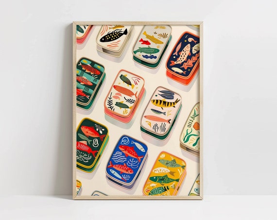 Cute Sardine Cans Poster Fish Art Tins Scandi Style Kitchen Wall Decor Shelf Seafood Print