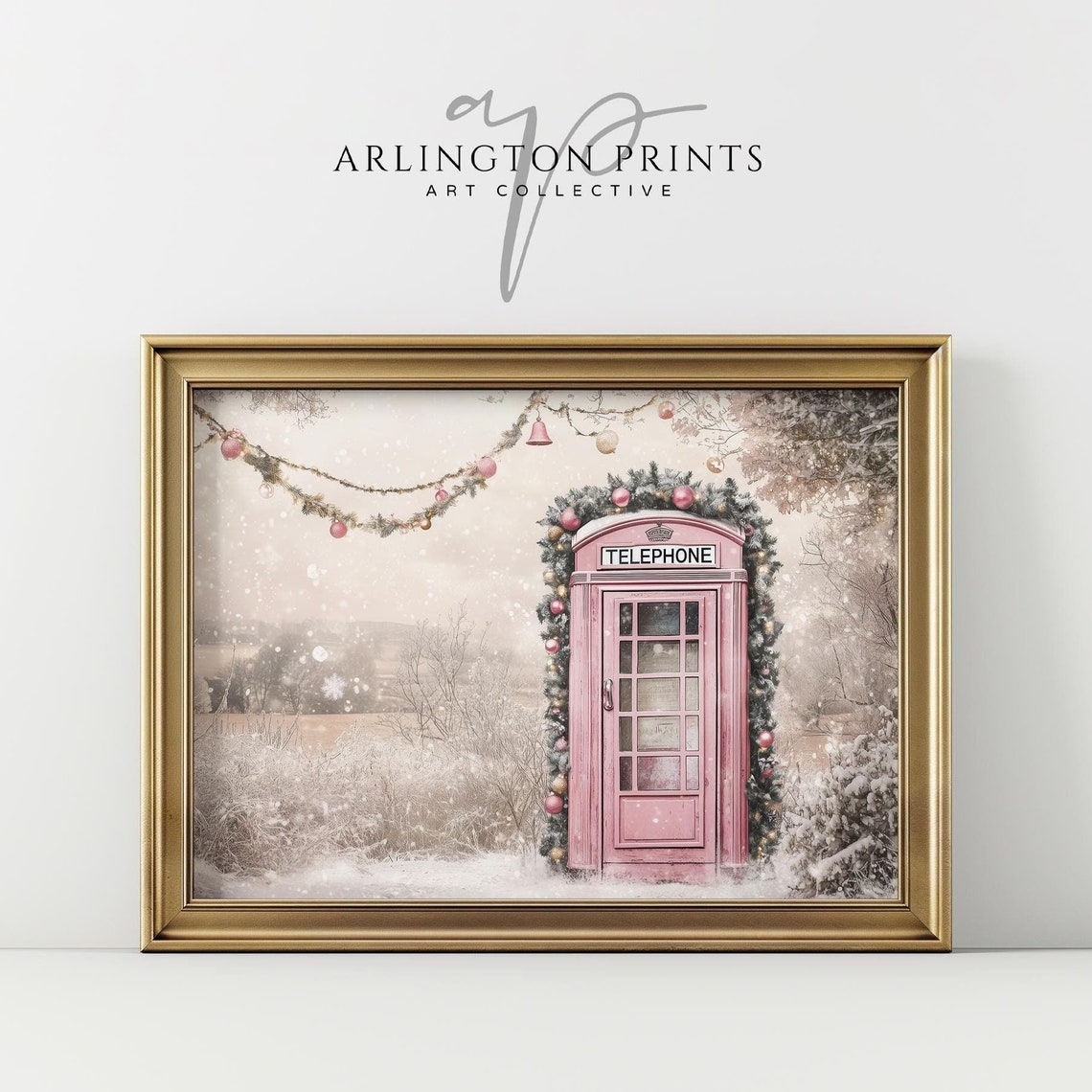 Pink Phone Booth Christmas Snowy Winter Wonderland Decor Poster