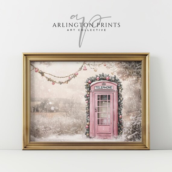 Pink Phone Booth Christmas Snowy Winter Wonderland Decor Poster