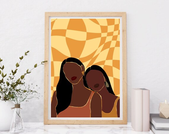 Two Women Friendship Embrace Wavy Yellow Checkerboard Art Poster