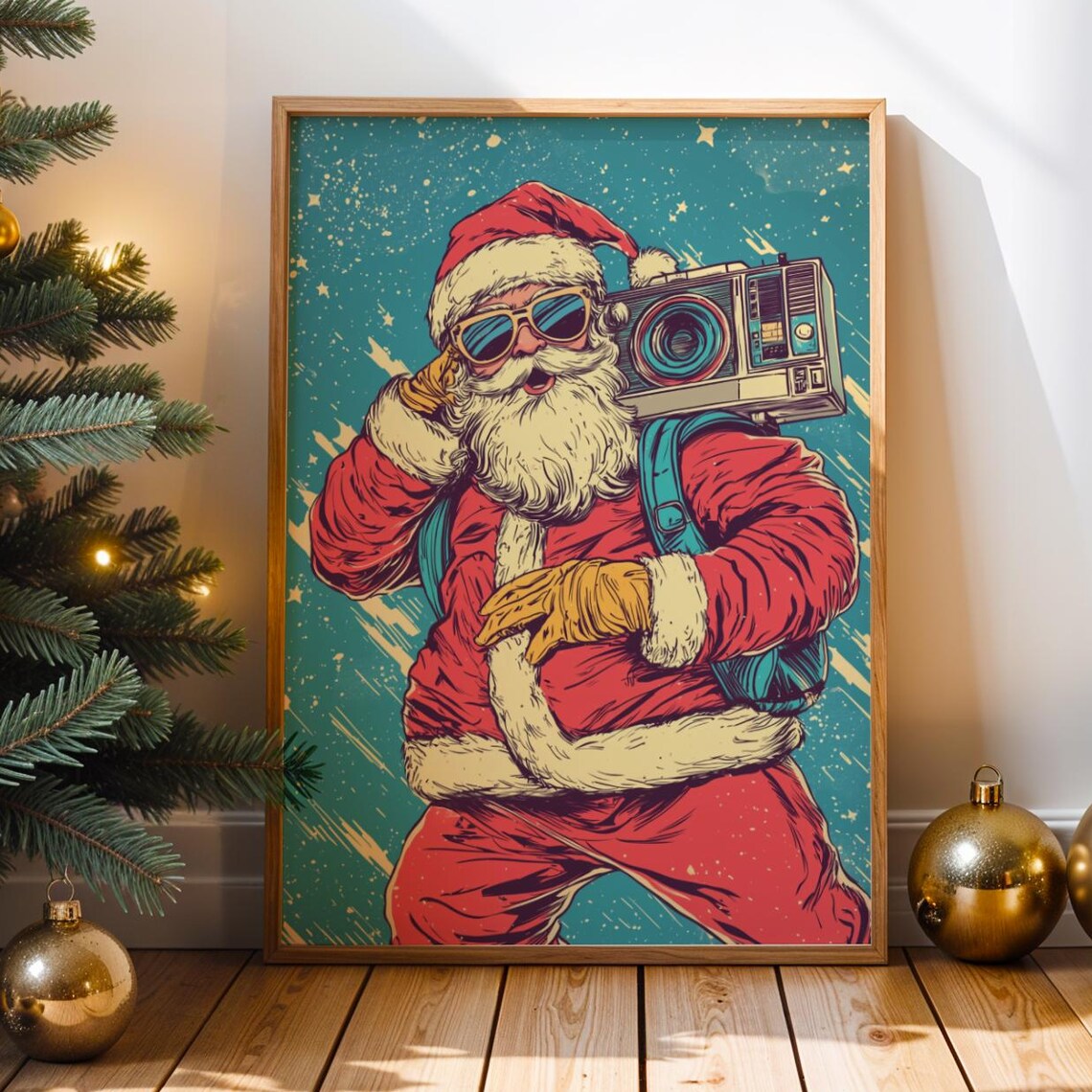 Retro Santa Claus Boombox Pop Art Funny Christmas Holiday Print