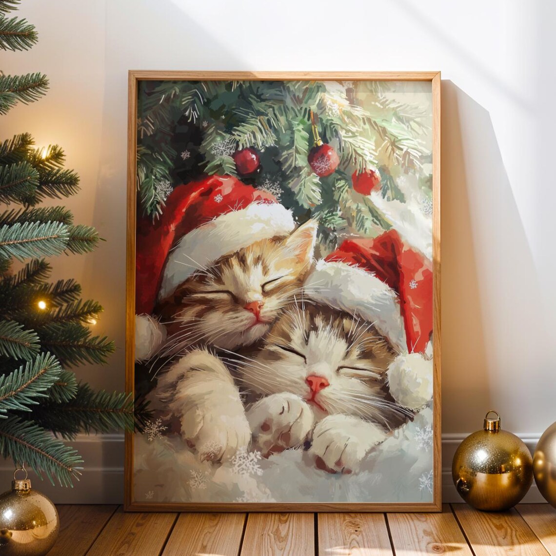 Sleeping Kittens Santa Hats Christmas Watercolor Cat Art Print