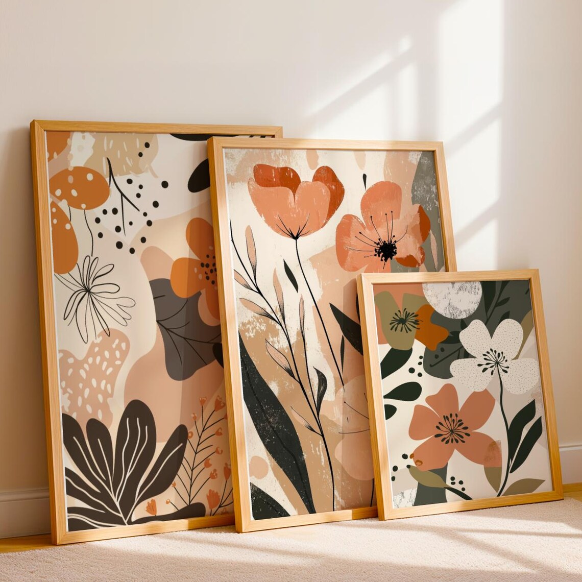 Terracotta Botanical Print Set of 3, Boho Flowers