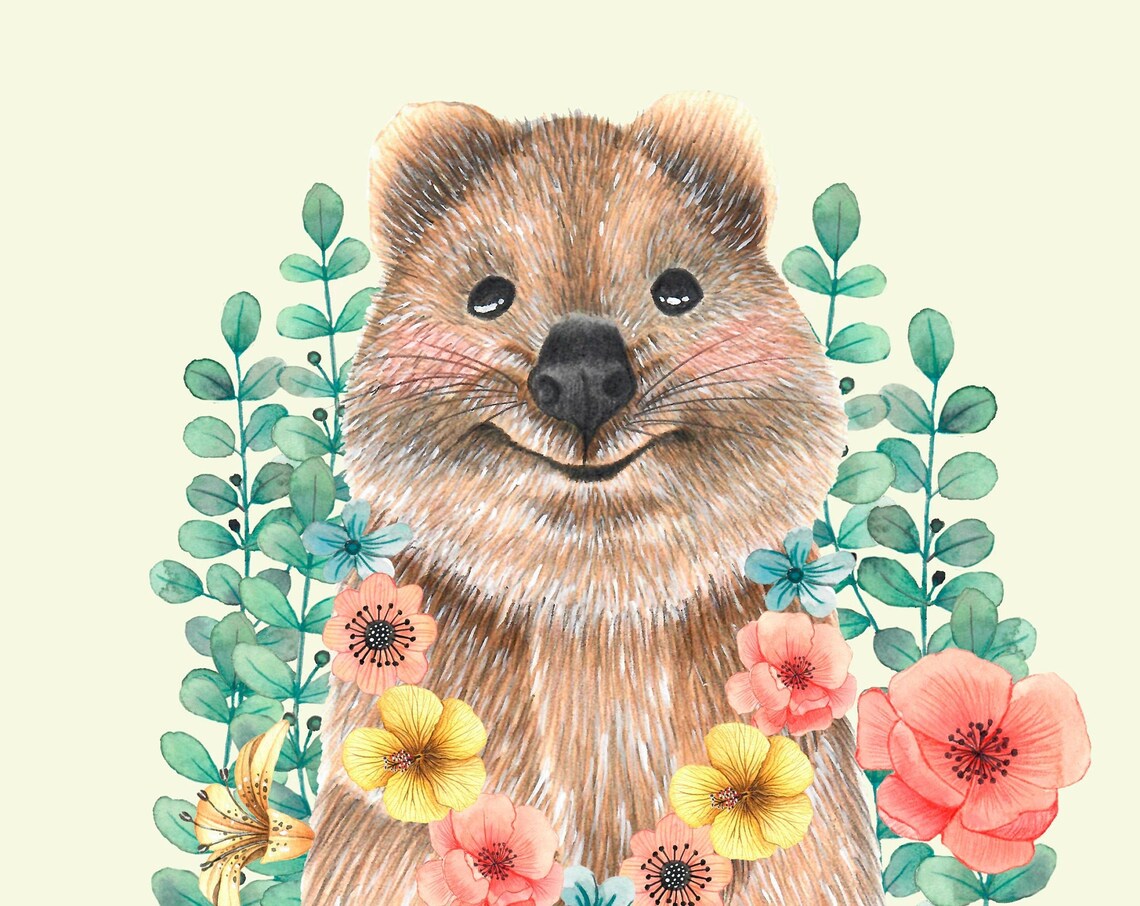 Smiling Quokka Floral Portrait Cute Australian Animal Kids Wall Art