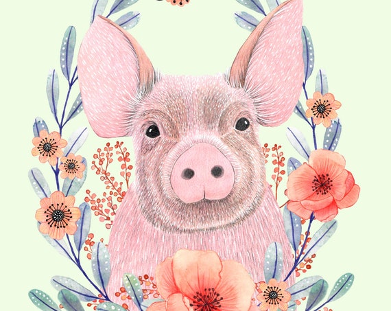 Lovely Hand Painted Pig For Nursery Decor With Flowers Artwork Playroom Kids Illustration Art Prin