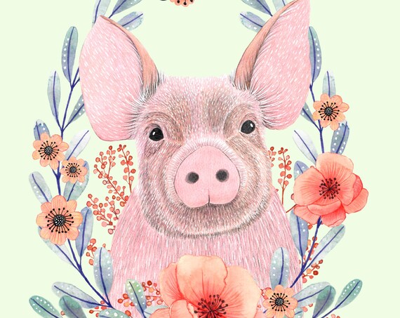 Sweet Pink Piglet Floral Wreath Nursery Animal Artwork Poster