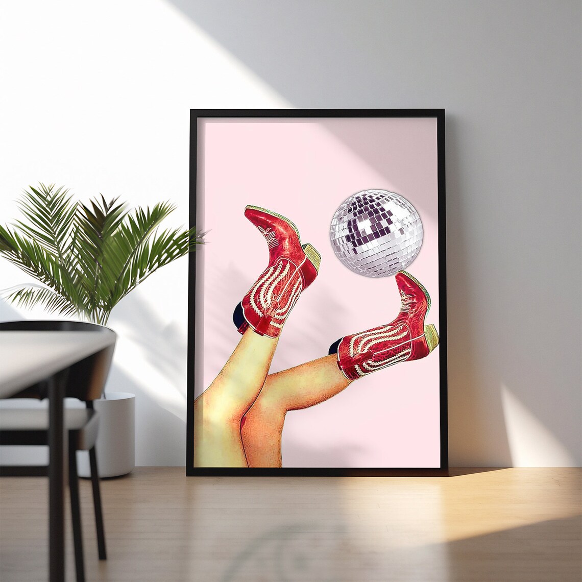 Retro Red Cowboy Boots Kicking Disco Ball 70s Glam Wall Poster