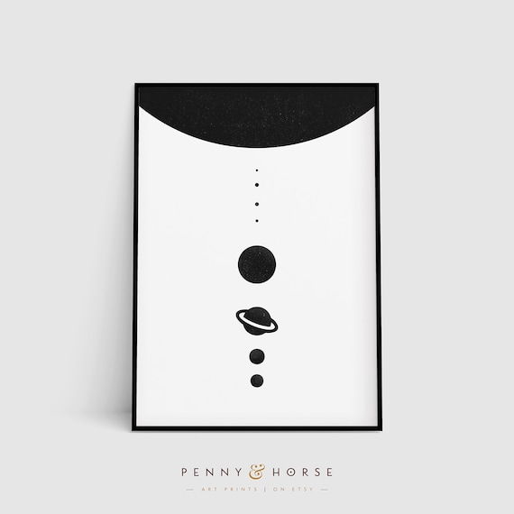 Monochrome Solar System Planets Row Minimalist Space Graphic Poster