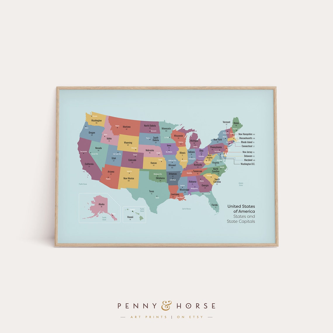 USA States And Capitals Map Colorful Kids Educational Poster