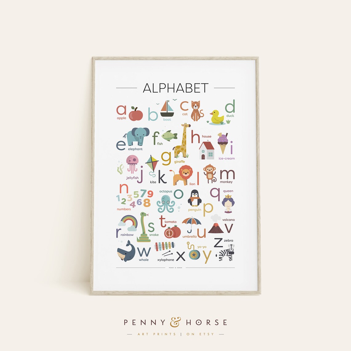 Illustrated Alphabet Chart with Cute Animals Kids Nursery Poster