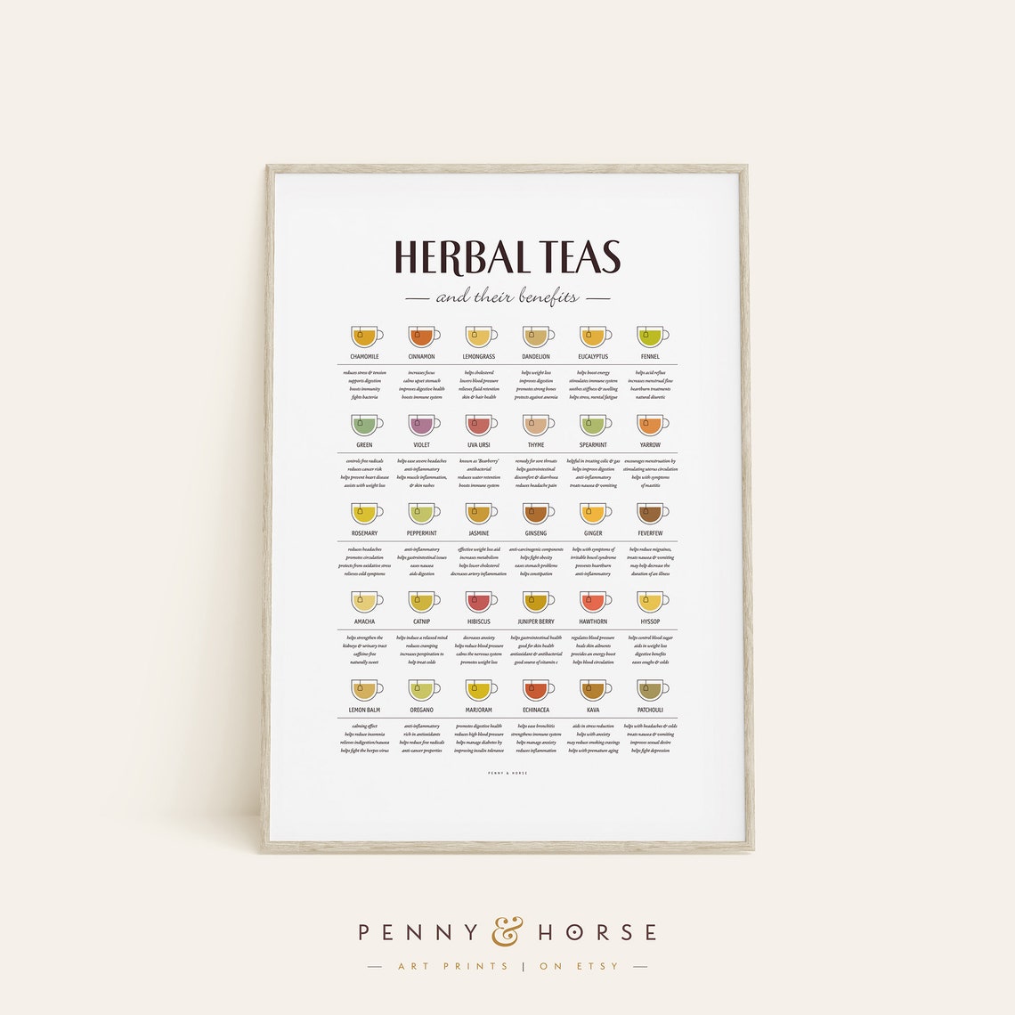 Herbal Teas and Their Benefits Illustrated Wellness Chart Poster