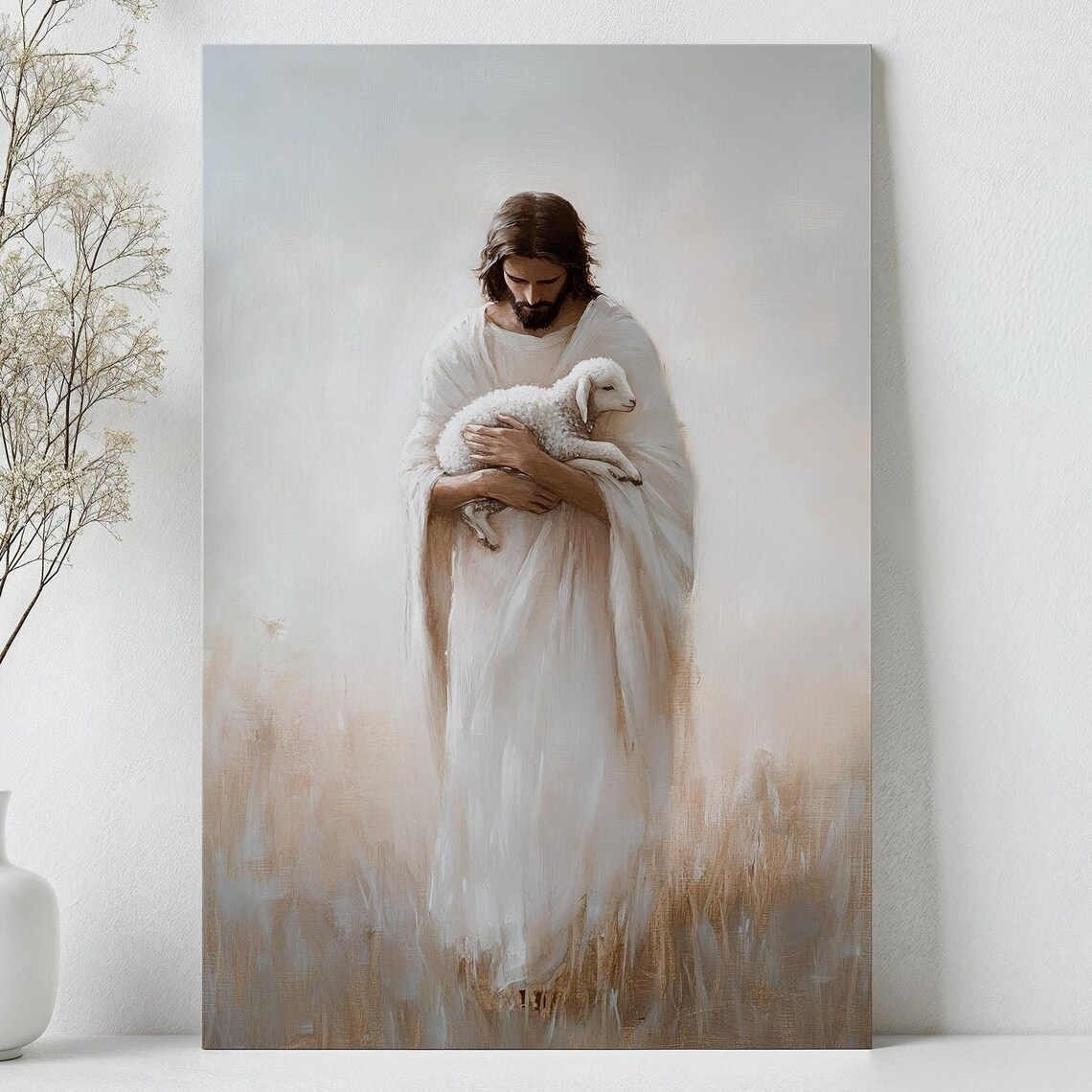 Jesus Christ Carrying Lamb In Golden Wheat Field Christian Poster