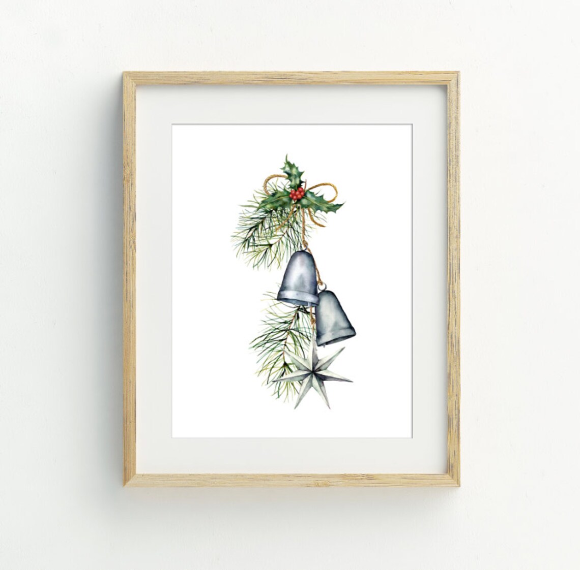 Silver Christmas Bells Watercolor Pine Holly Holiday Wall Art Print