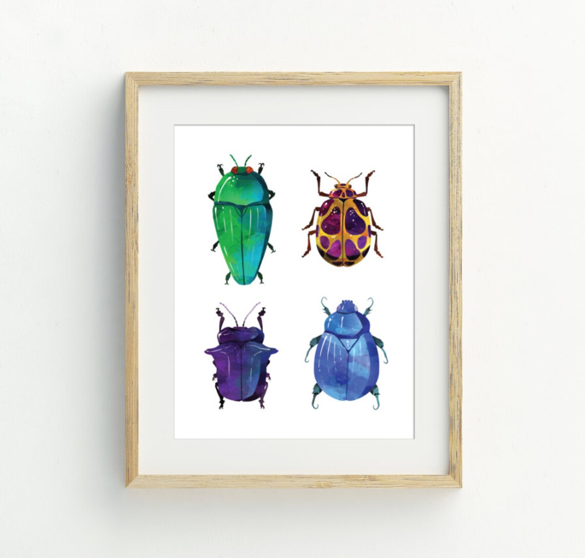 Beetles Wall Art, Insect Bedroom Decor Art Print