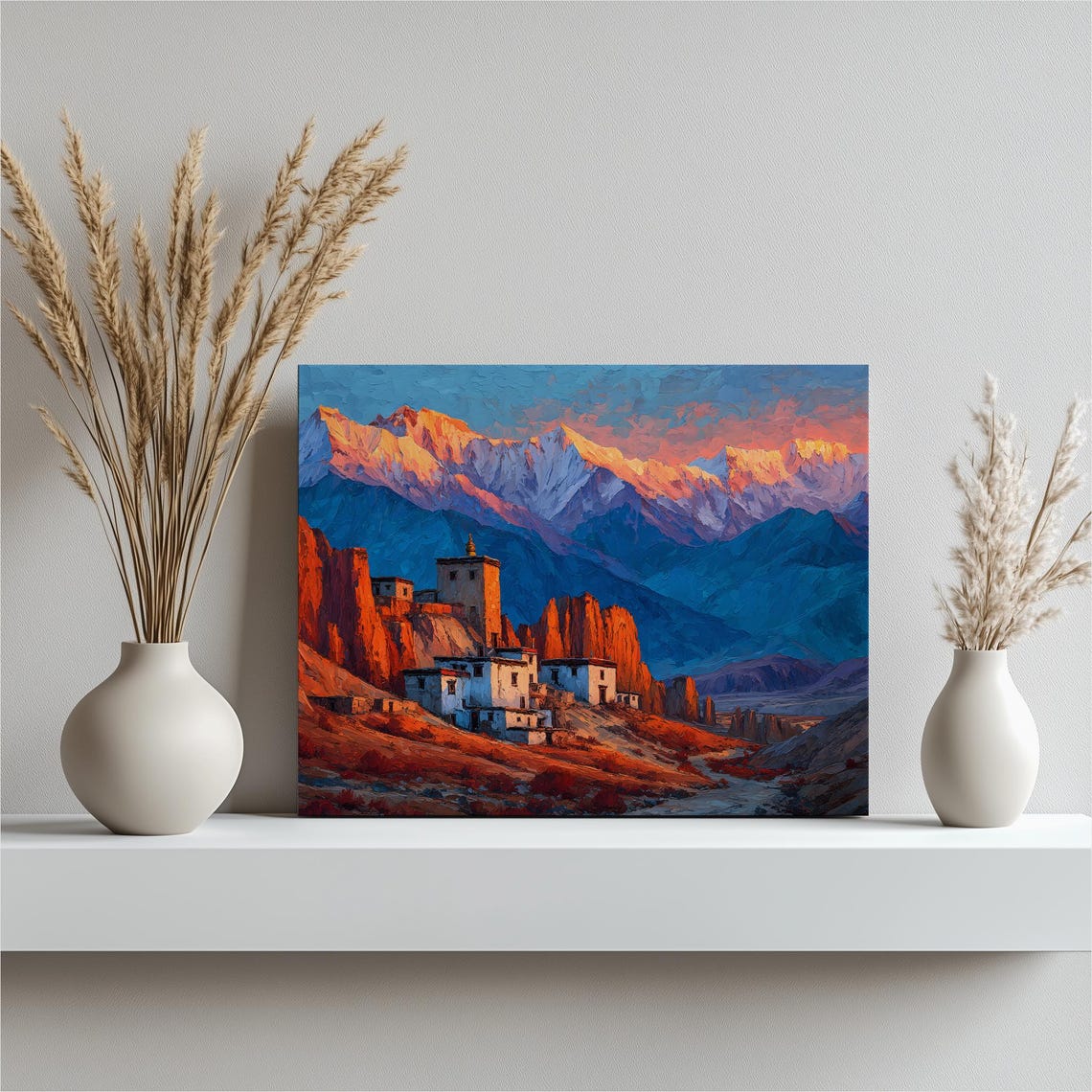 Himalayan Monastery Sunrise Snow Peaks Buddhist Temple Art Print