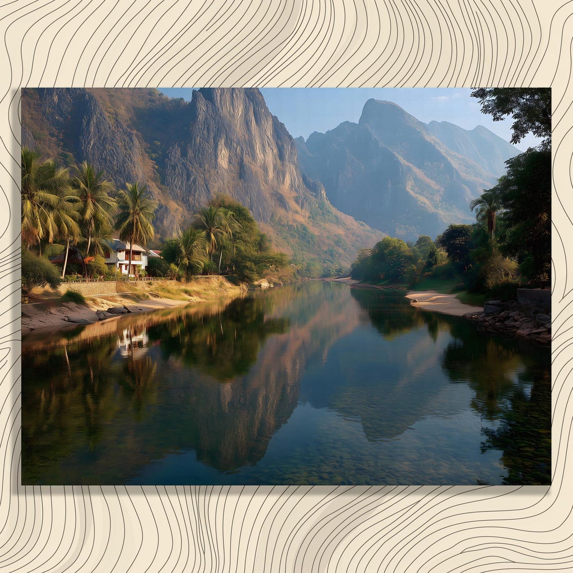 Tropical Mountain River With Palm Trees And Cliff Reflections Poster