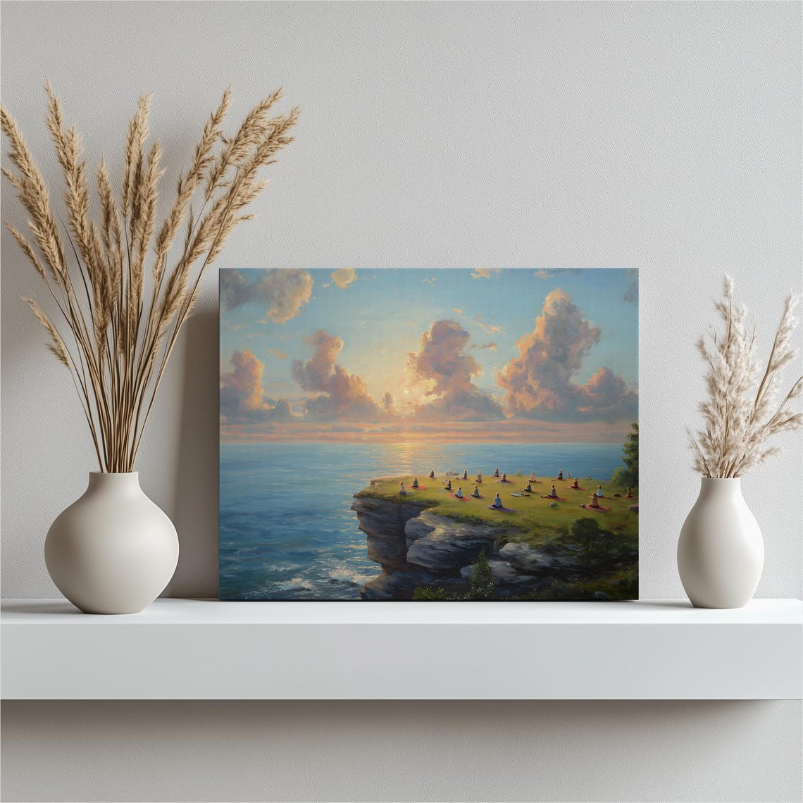 Sunset Yoga Class on Ocean Cliff Mindful Practice Oil Poster