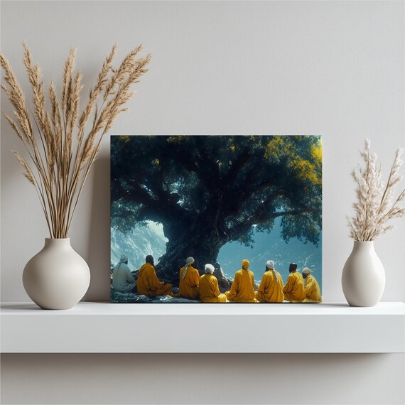 Monks Meditation Canvas Wall Art Serene Mountain Landscape Under Ancient Tree Misty Nature Scenery Zen Spiritual Decor Mindfulness Print