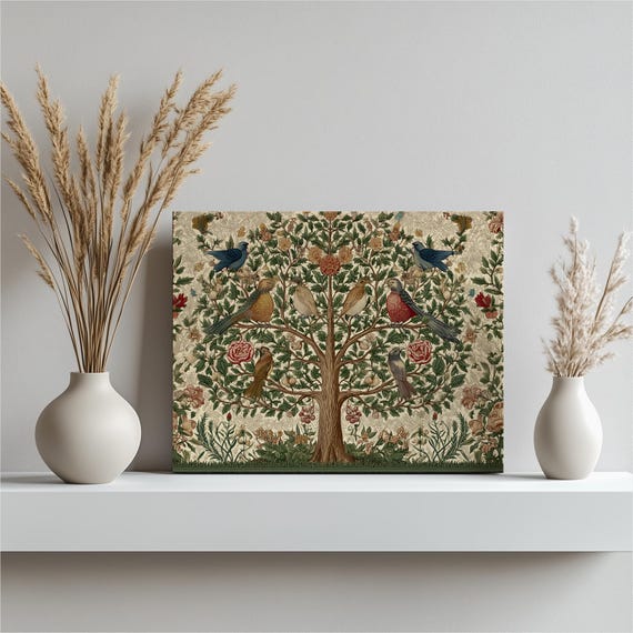 Vintage Birds Botanical Canvas Wall Art Nouveau Floral Tree Print With Roses And Songbirds Decor Gift