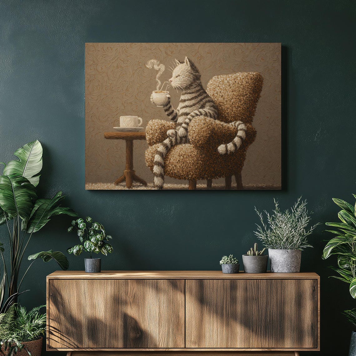 Tabby Cat Drinking Coffee Armchair Whimsical Cat Lover Art Poster