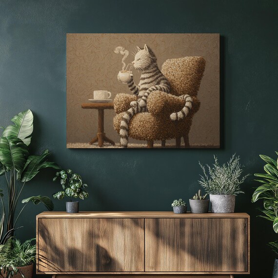 Tabby Cat Drinking Coffee Armchair Whimsical Cat Lover Art Poster