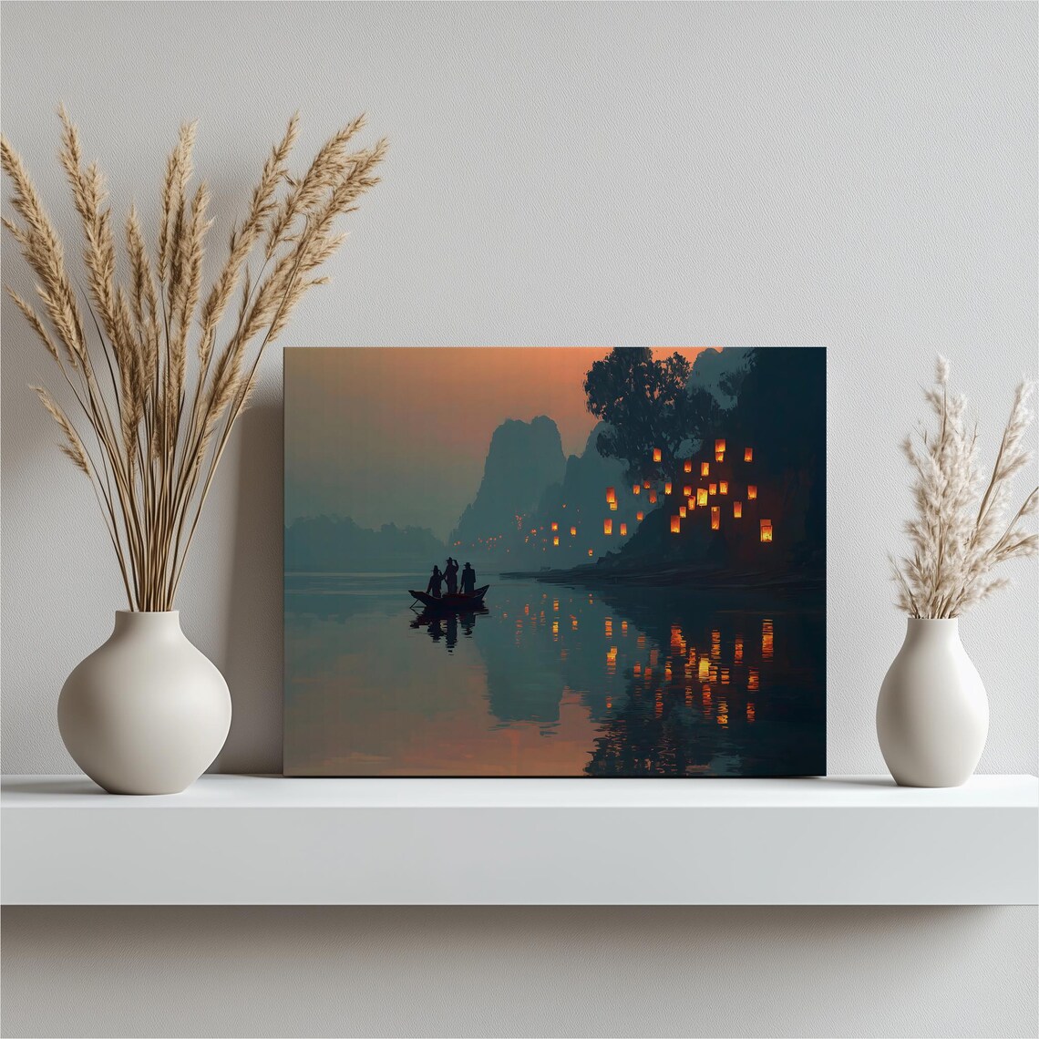 Enchanted Lantern Festival River Boat Twilight Sunset Canvas Print