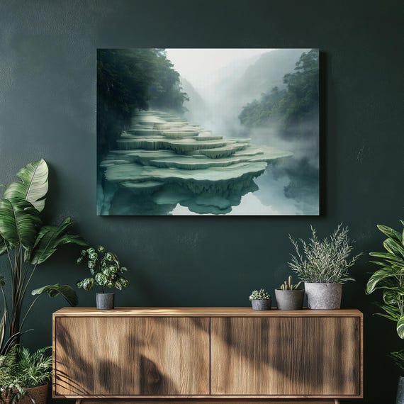 Guatemala Limestone Pools Canvas Wall Art Misty Tropical Jungle Terraces Serene Nature Landscape Print Travel Decor Large