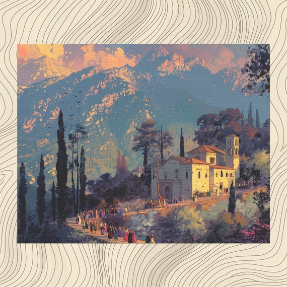 Albania Canvas Wall Art Detailed Oil Painting High Resolution Illustration Traditional Albanian Folk Dance Nostalgic Fortress Scenery