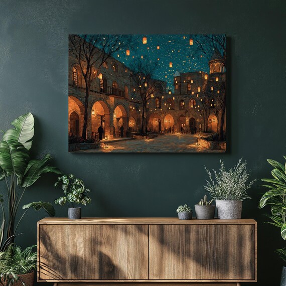 Gothic Stone Courtyard Night Floating Lanterns Starry Sky Poster