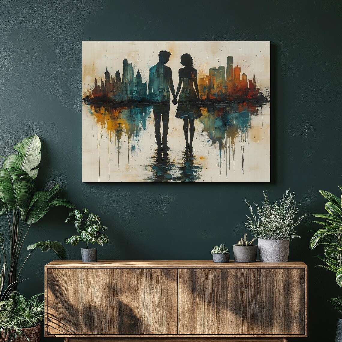 Romantic Couple Silhouette City Skyline Reflection Canvas Wall Art
