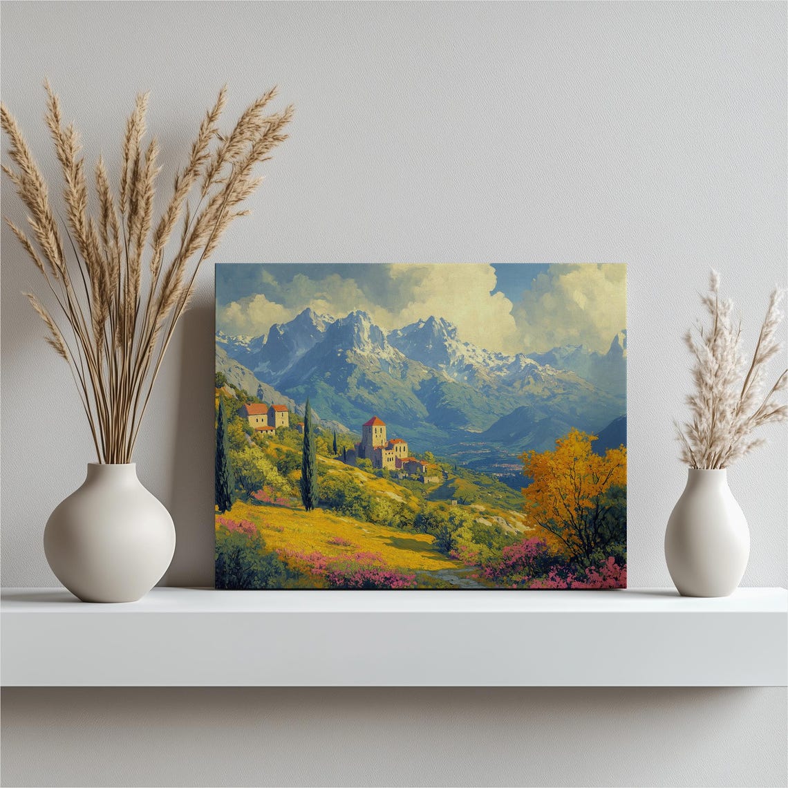 Mediterranean Hill Village Cypress Trees Mountain View Poster