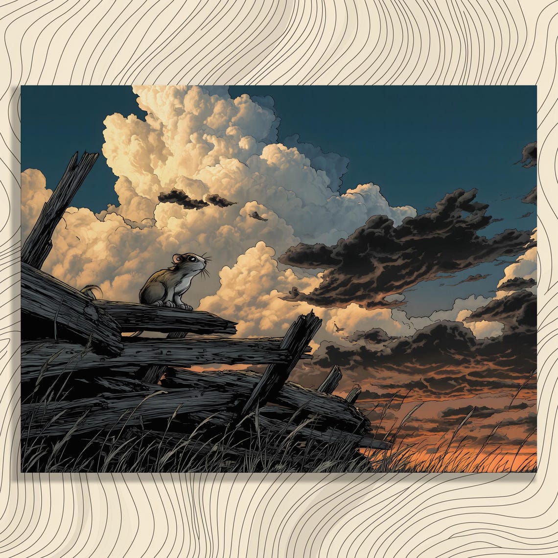 Prairie Mouse On Old Fence Under Dramatic Stormy Sunset Clouds Poster