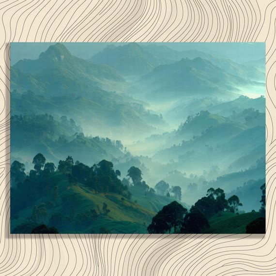 Misty Mountain Canvas Wall Art Serene Rolling Green Hills Foggy Forest Morning Mist Valley Landscape Contemporary Nature Decor