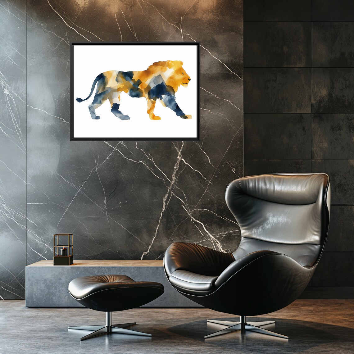 Walking Lion in Gold and Blue Watercolor Wildlife Art Poster