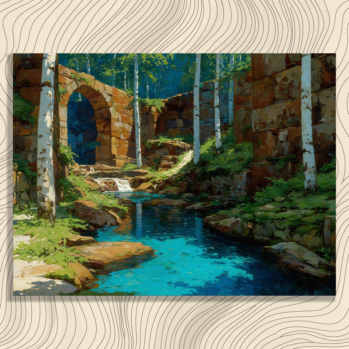 Ancient Stone Ruin Forest Stream Turquoise Water Impressionist Poster