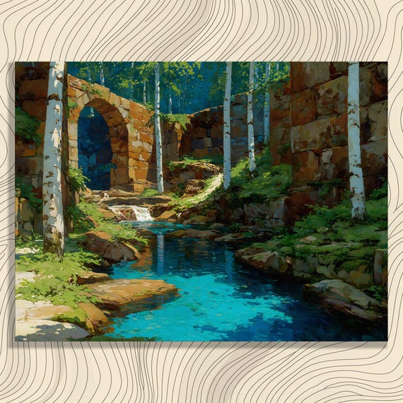 Colorful Waterfall Forest Canvas Wall Art Impressionist Landscape Painting With Birch Trees Archway River Stream Rustic Home Decor