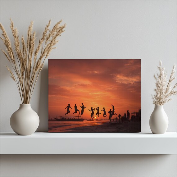 Kids Playing Soccer on Beach at Sunset Silhouette Art Poster