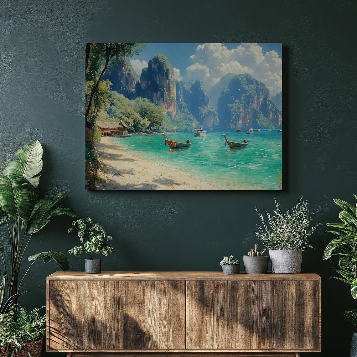 Thailand Phi Phi Islands Turquoise Bay Longtail Boats Travel Poster
