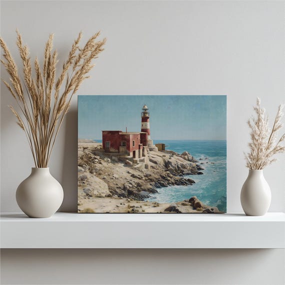 Lighthouse Seascape Canvas Wall Art Traditional Painting Coastal Decor Print Ocean Waves Rocky Shoreline Nautical Gift