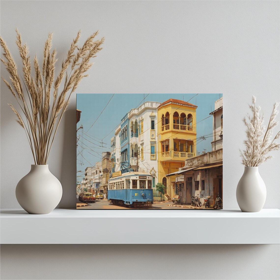 Vintage Blue Tram on Sunlit Colonial Street Scene Painting Poster