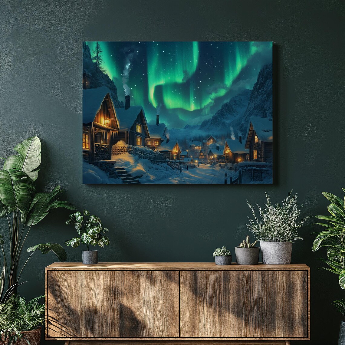 Northern Lights Village Canvas Print Snowy Cabins Night Winter Art